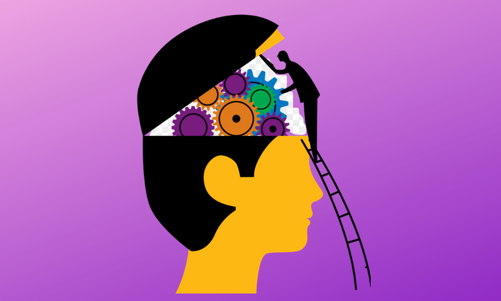 Cartoon on a purple background of a little man climbing a ladder to look inside someones elses brain.That is make of different coloured gears