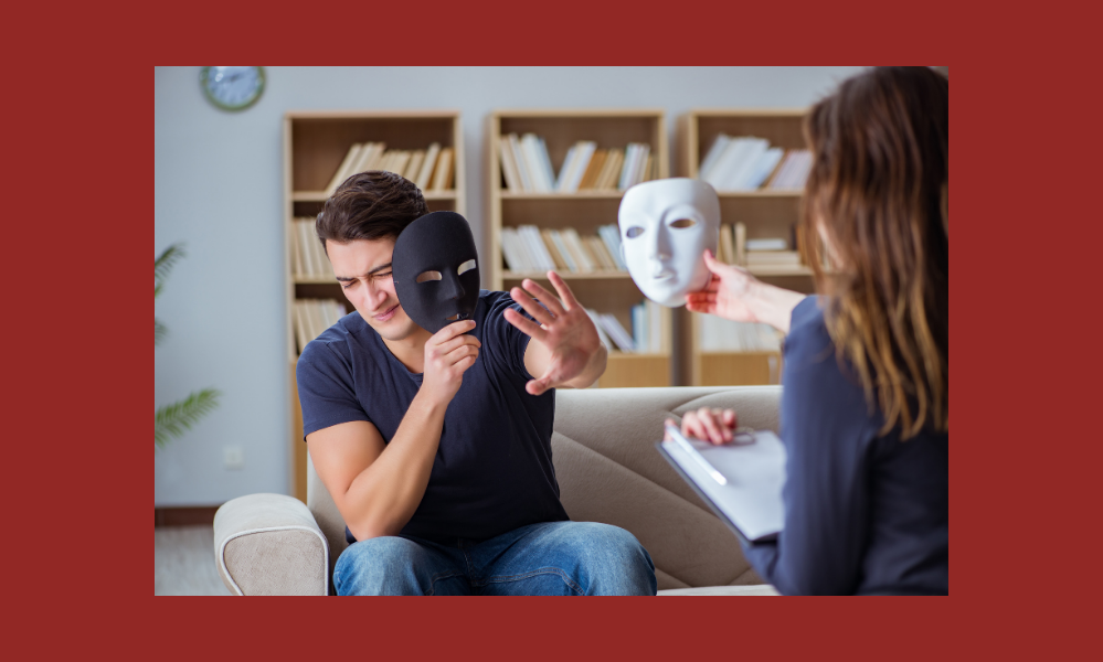 Man with black mask in a therapy session